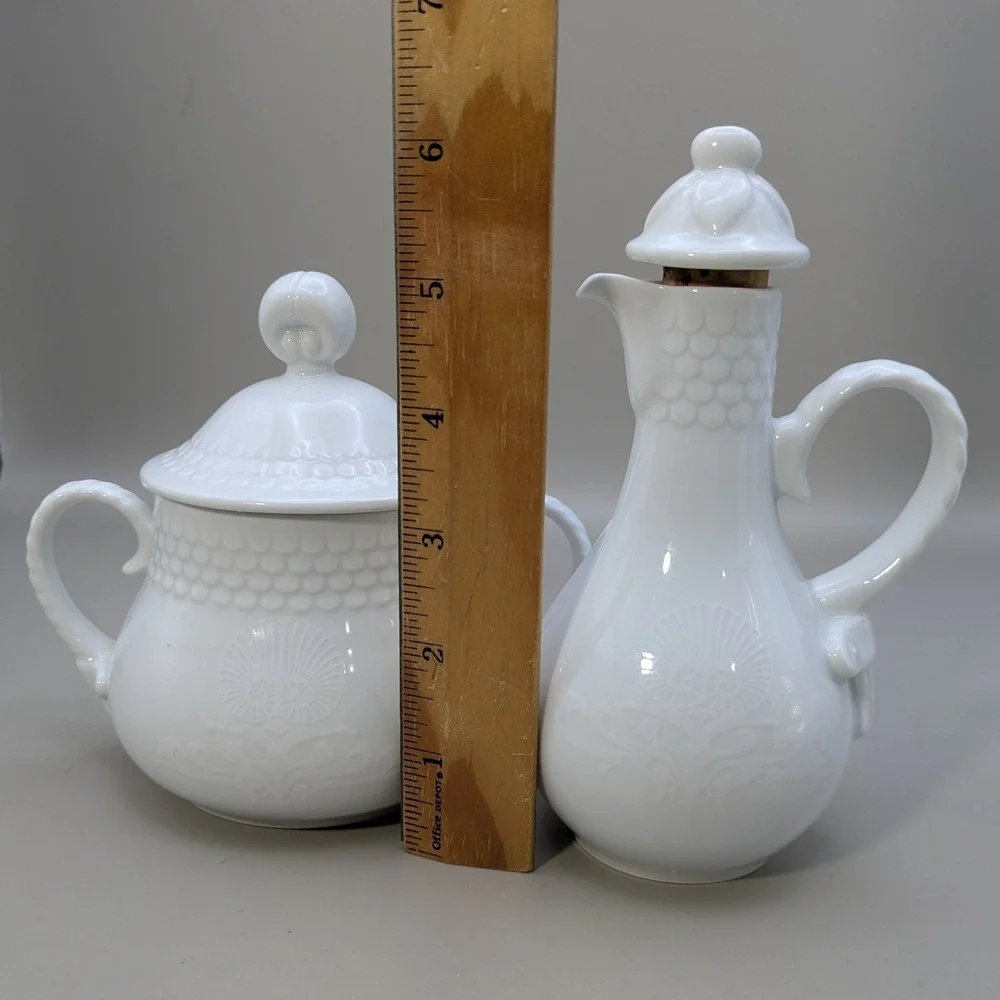 Vintage Jadeborg Germany White Porcelain Oil Vinegar Cruet Set Sugar Bowl 3 Pc